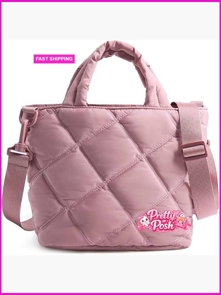 Quilted Puffer Crossbody Bag With 7+ Pockets, Lightweight Nylon Tote Handbag